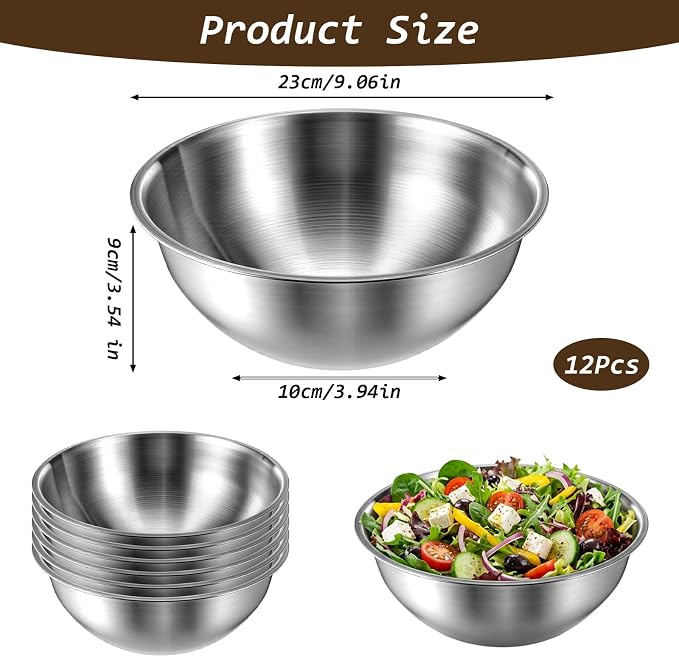 12 Pcs Stainless Steel Mixing Bowls with Graduations Metal Bowl Set Reusable Baking Food Storage Containers for Baking Cooking Salad Prep Storage Silver 9 x 3.5 Inch