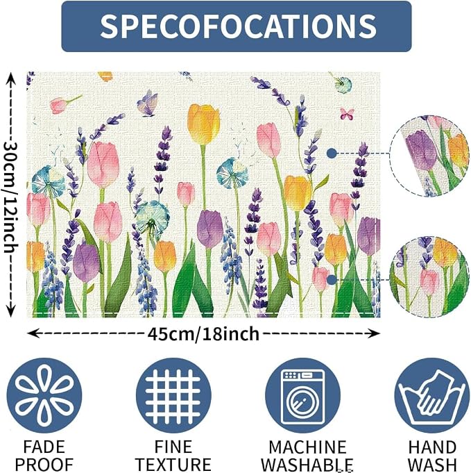 Floral Spring Placemats Set of 6, Easter Placemats Tulip Butterfly Table Mats Spring Table Decorations for Home Party 12x18 Inch