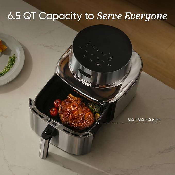 Cosori Iconic Stainless Steel Air Fryer, 6.5Qt, PFAS Free Ceramic Coating | Smart Control, Sleek Stainless Steel Structure, 5 Fan Speeds, Air Fry, Roast, Bake, Dry, Proof, Reheat, Chef-Crafed Recipes