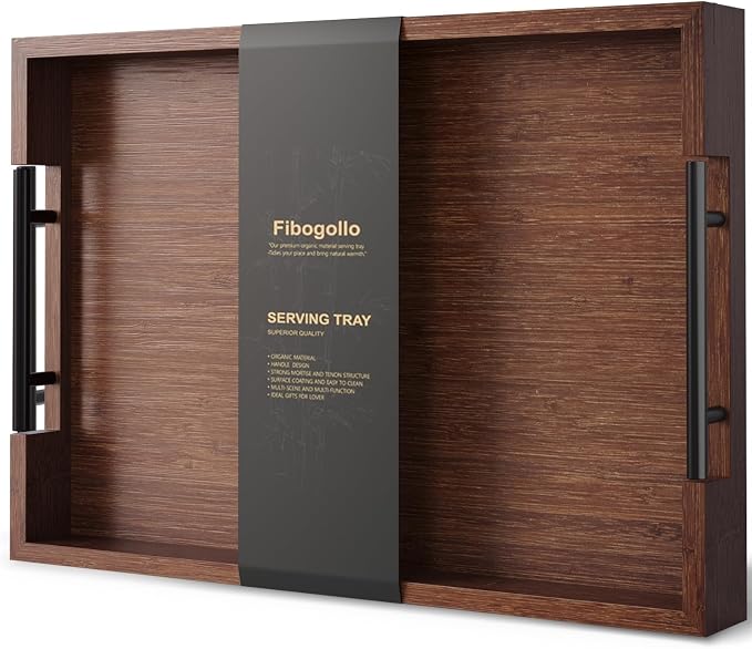 Fibogollo Bamboo Serving Trays with Metal Handles,Large(Brown) | 17 x 12Inch Ottoman Decorative Trays Platter for Coffee Table,Living Room,Bar,Party,Holiday Hosting and Outdoor Entertaining