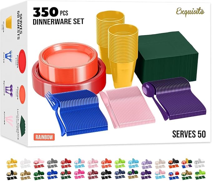 Exquisite 350 Pcs Rainbow Plastic Plates For Party, Rainbow Disposable Plates Set, 50 Of Each 9" Dinner Plate Set, 7" Dessert Plate, Cups, Napkins & Cutlery Plastic Dinnerware