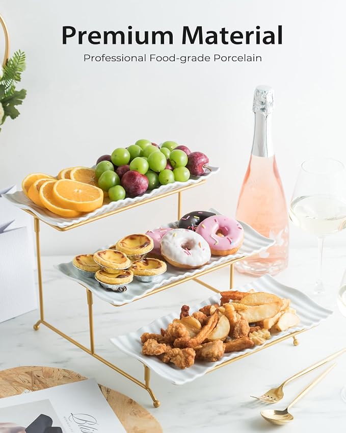 LAUCHUH 3 Tier Trays Stand, Porcelain Tiered Serving Trays Serving Stand | Serving Platters with Collapsible Sturdier Stand Dessert Table Display Set for Thanksgiving Christmas Party, Gold, 12.2 Inch