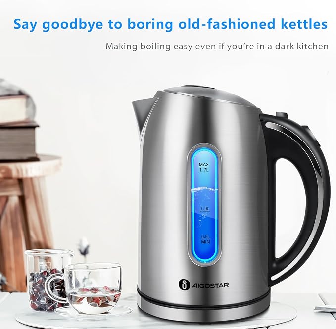 Aigostar Electric Kettle Stainless Steel, 1.7 Liter, Sliver | Cordless Tea Kettle, 1100W Hot Water Kettle with Auto Shut-Off, BPA-Free
