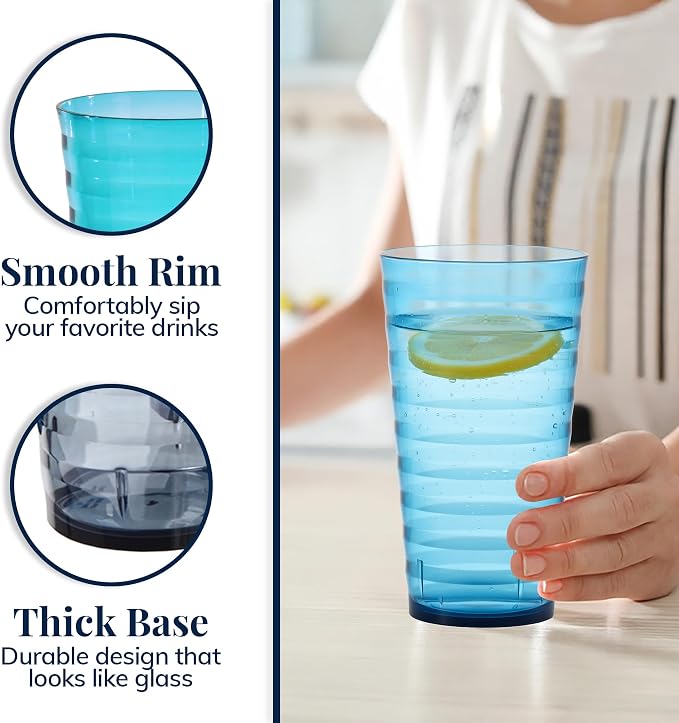 US Acrylic Splash [Set of 16] 18 ounce Plastic Stackable Water Tumblers in 4 Coastal Colors Value Set of Drinking Cups, Reusable, BPA-free, Made in the USA, Top-rack Dishwasher Safe