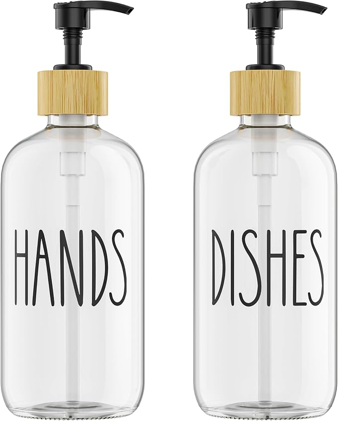Cisily Kitchen Dish Soap Dispenser Set with 2 Pack 16.9oz Amber Glass Bottle and Sponge Holder, Dish Soap Dispensers with Adjustable Sponge Holder, Vintage Hand and Dish Soap Dispensers Set