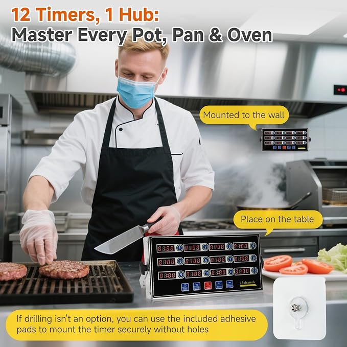 Commercial Kitchen Timer for Cooking, 12 Channel Timer Restaurant Kitchen Supplies, Heavy-Duty Timer - Stainless Steel | Digital LED Technology | Reminder Function | Loud Alarm