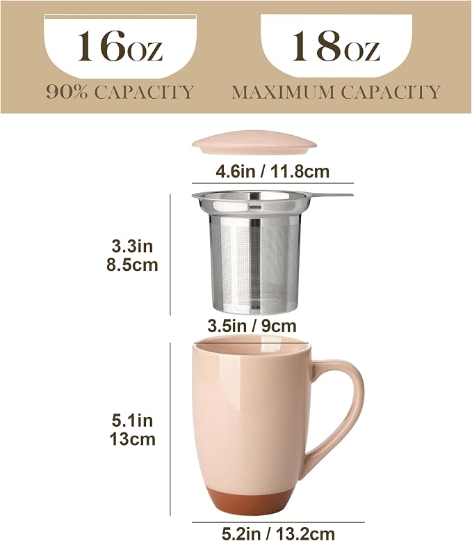 MALACASA Ceramic Tea Mug with Lid and Stainless Steel Infuser, 18 oz Large Tea Cup for Loose Leaf Tea, Heat-Resistant, Microwave & Dishwasher Safe, Speckled Glaze Coffee & Tea Brewer Mug, Khaki Pink
