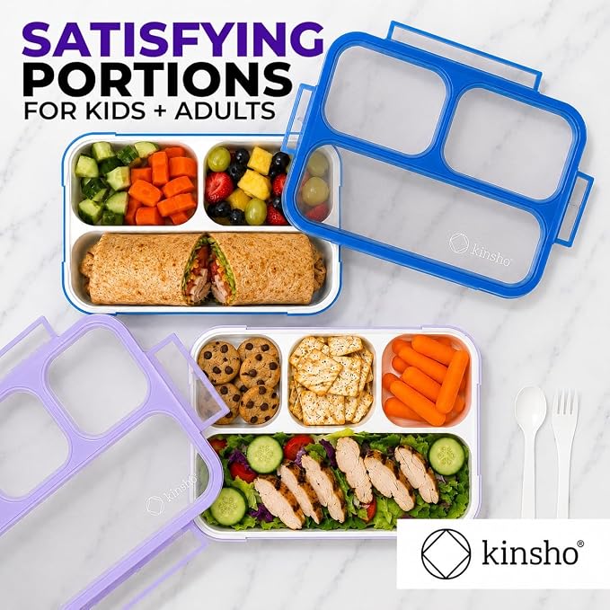 Bento Lunch Box for Kids or Adults, Snack Containers for Boys, Girls, School Daycare Work, 3 & 4 Divided Compartments Meal Planning Portion Control, BPA-Free Boxes, Utensils | Blue Purple 2 Pack