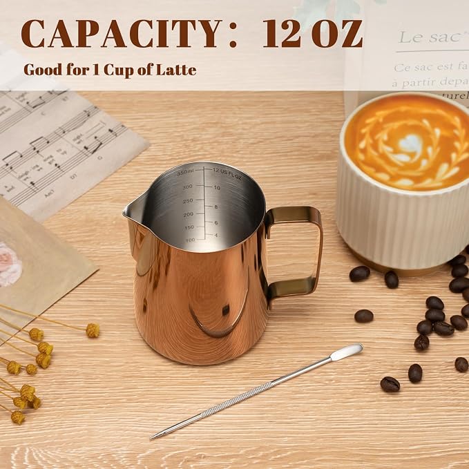 Amrules Milk Frothing Pitcher, 12 oz Milk Frother Cup with Clear Scale, 304 Stainless Steel Cappuccino Espresso Machine Accessories for Barista Coffee Bar with Latte Art Pen, Rose Gold
