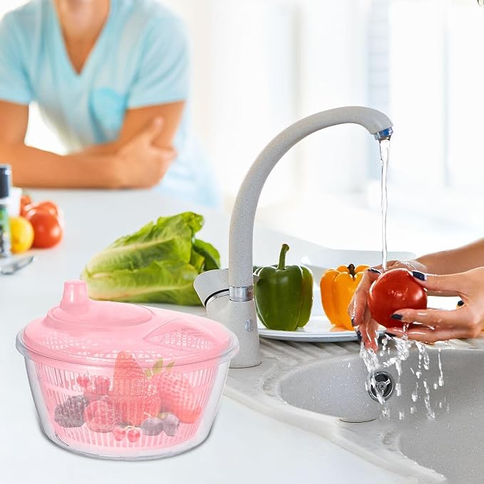 Generic Vegetable Fruit Washer Spinner, Manual Fruits Washer, Durable Salad Dryer Bowl, PP Salad Spinner Lettuce Dryer, Vegetable Washer Dryer With Effortless Action For Lettuce, Vegetables, Pink