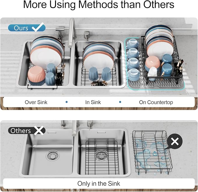 Expandable Dish Drying Rack with Silicone Mat for Kitchen Sink or Counter, Heavy Duty Adjustable Over Sink Dish Drainer with Square Corners, Fit for Modern Single & Double Sinks, Black