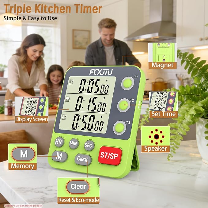 Digital Dual Kitchen Timer, Multi-Channel Magnetic Countdown for Cooking | 3Groups Triple Independent Countup Timer, Memory Presets, Loud Alarm & Mute, Large Display, 3A Battery & Stand Included