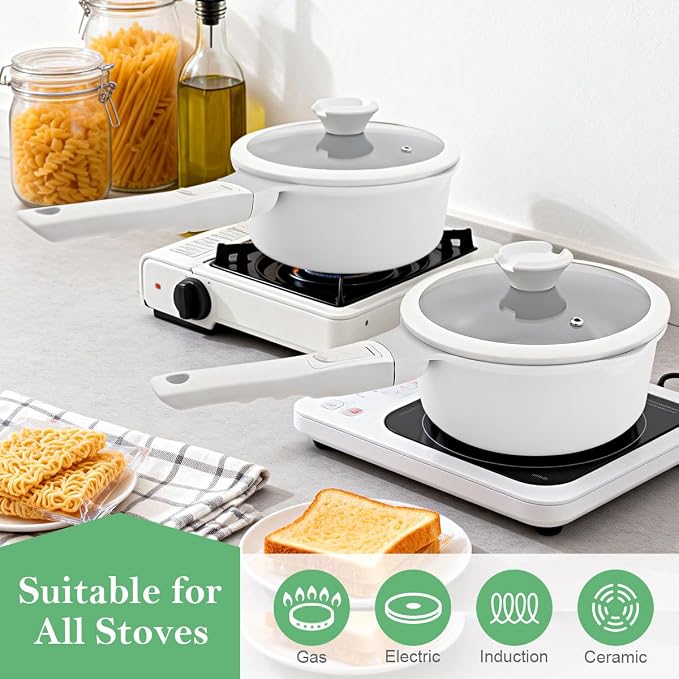AIKENBBKK Nonstick Sauce Pan with Lid, 2.5 Qt Ceramic Saucepan with Lid, Non Stick Sauce Pan, Milk Pot&Sauce Pot&Saucepan with Pour Spout, Detachable Handle Milk Pan, Induction Compatible, White