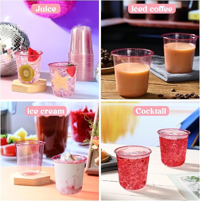 Ziliny 100 Pcs 12oz Plastic Stemless Wine Glasses Disposable, Pink | Plastic Wine Glasses for Parties Weddings Birthdays, Cocktail Drinking Cups, Round Bowl, Bulk Event Supplies