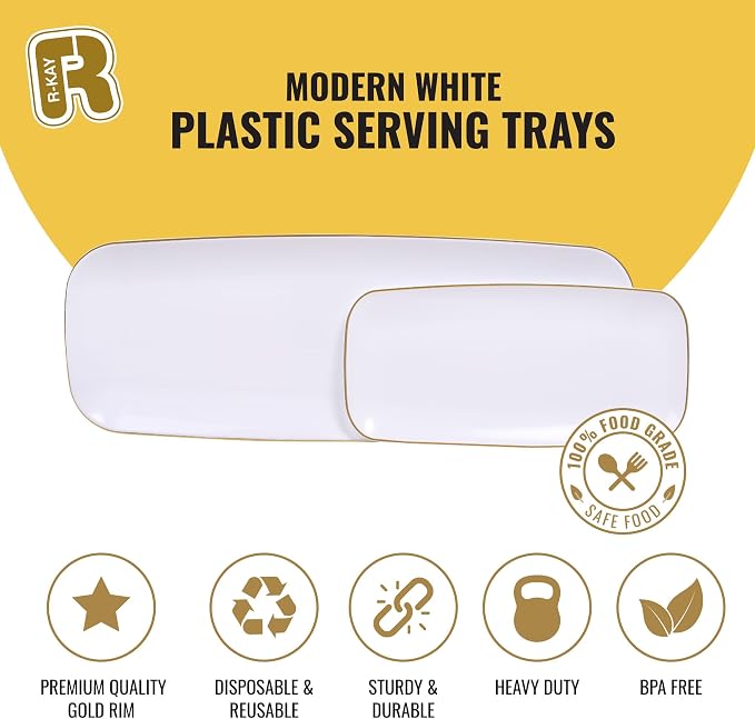 R-kay 4 Pack Plastic Serving Trays - White & Gold - 17 x 6.5 in - Heavy Duty Dessert Trays - Rectangular Party Platters