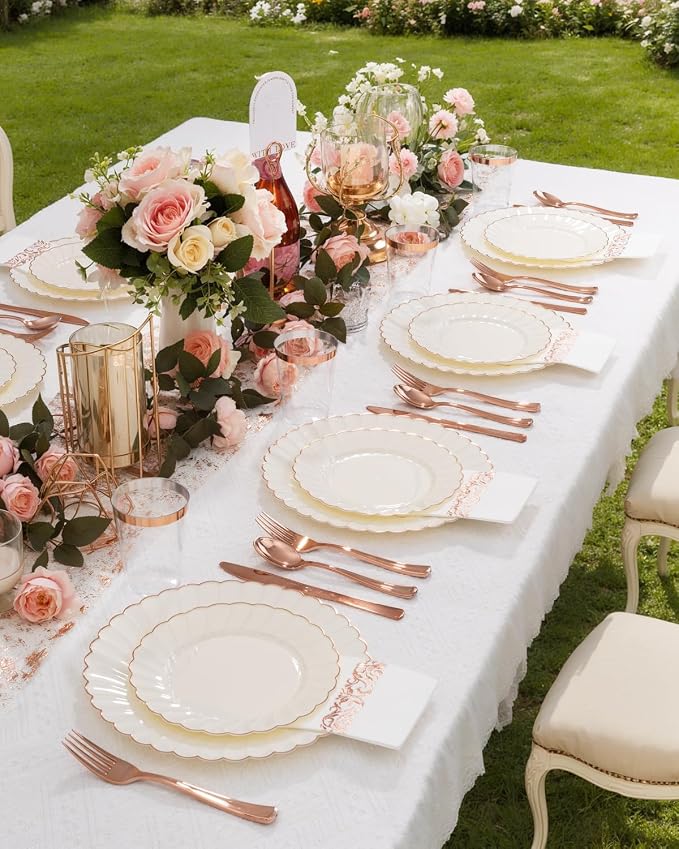 YOUBET 175PCS Ivory Scalloped Plastic Plates with Rose Gold Rim for Party | Rose Gold Disposable Dinnerware Set Include 50 Plates, 75 Rose Gold Silverware, 25 Cups, 25 Napkins for Wedding Baby Shower
