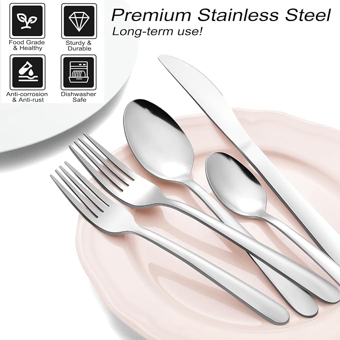 Pleafind 72-Pieces Silverware Set for 12, Flatware Set with Triple Rivet Steak Knives, Stainless Steel Cutlery Set, Include Forks Spoons and Knives Set, Utensil Sets for Home Restaurant