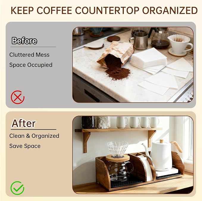Acacia Coffee Bar Station Organizer Stand Caddy for Chemex Pour Over Maker | Coffee Paper Filter Holder for Countertop Wood Caddy Storage Organizer for Chemex Bodum Cosori Coffee Maker with silicone Pad