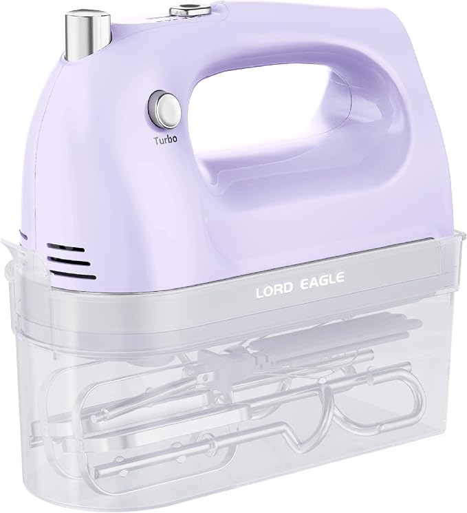Lord Eagle Hand Mixer Electric Handheld 400W, 5-Speed Lightweight, Purple | Kitchen Mixer with Storage Case, 5 Stainless Steel Attachments for Baking Cake Egg Cream Food Beater, Turbo+Eject Button