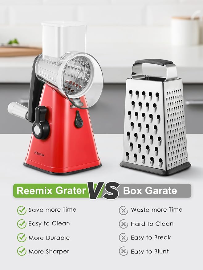 Rotary Cheese Grater with Handle, Reemix Vegetable Cheese | Shredder Slicer Grater for Kitchen 3 Changeable Blades for Cheese Potato Zucchini Nuts Chocolate (Red)