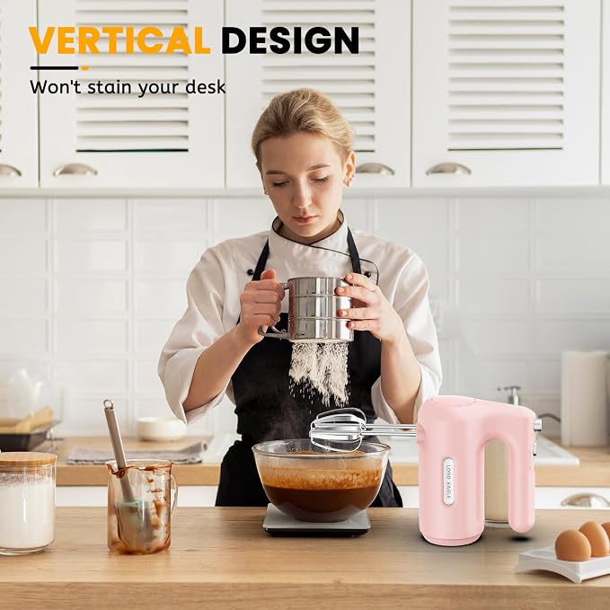 Lord Eagle 5-Speed Small Hand Mixer Electric, 300W Compact Portable, Pink | Handheld Kitchen Mixer Egg Beater with 5 Attachments & Storage Bag, Cake Supplies for Bread Dough Baking, Lightweight
