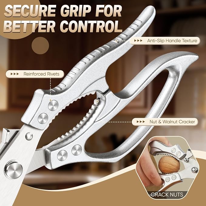 Huusk Kitchen Scissors for Food - Multifunction Poultry Shears Heavy Duty | Japanese SK5 Steel Kitchen Shears for Meat, Fish, Chicken Bones, Turkey, Ergonomic Non-Slip Silver Handle, Gifts for Women