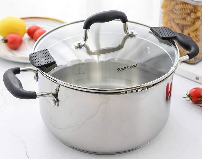 Rorence 6 Quart Stainless Steel Stock Pot, Induction Cooking Pot with Lid | Stockpot Pasta Pot with Two Side Spouts, capsule Bottom, Strainer Glass Lid