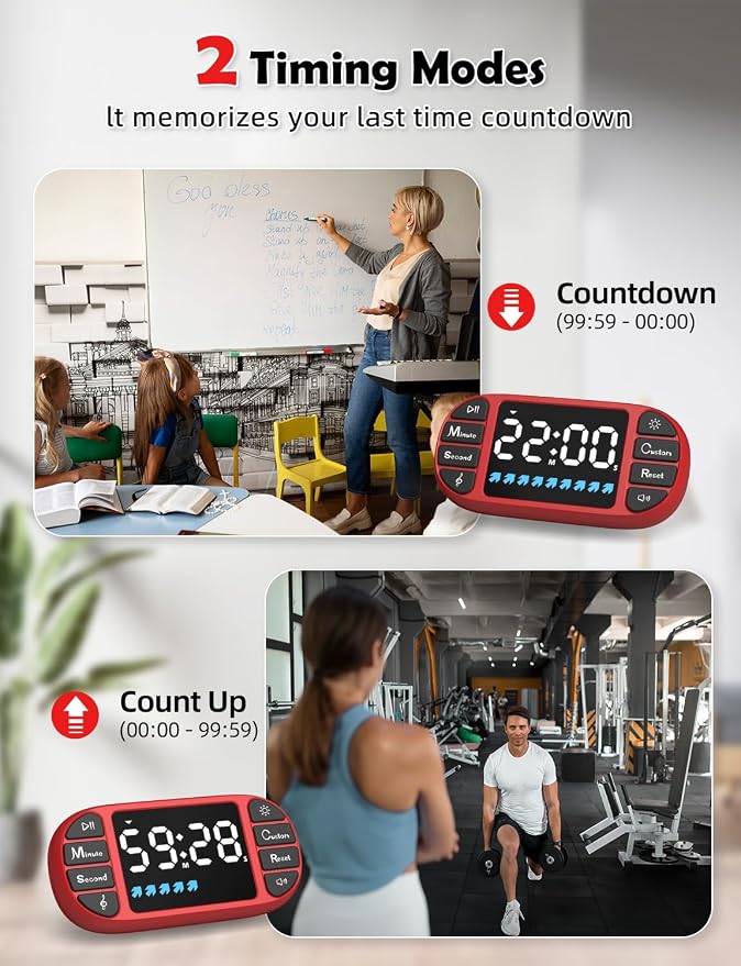 Digital Kitchen Visual Timer: 3.6'' Large LED Display, Magnetic, 3 Brightness, 4 Alarms and Volume, Memory Function, Countdown Count up for Cooking, Classroom, Home Gym, AAA Battery Included