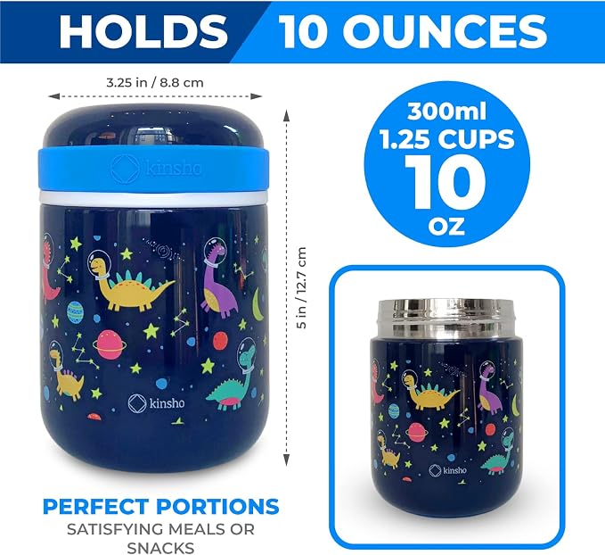 kinsho kids Bento Lunch Box Set with Thermo Bag & Ice Pack, Blue Space Dino | 4 Compartments, Removable Tray, Small Meal Dinosaur Snack Container for Boys Toddlers, Daycare & Pre-School, Steel Food Jar
