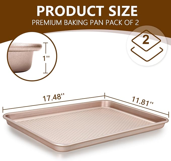 Wildone Baking Sheet Pan Set of 2, Honeycomb Embossed Nonstick Cookie Sheet | Thicker Carbon Steel Half Sheet Pan Oven Tray 17.5x12 Inch, Heavy Duty & Easy Clean, Rose Gold