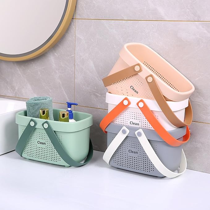 Portable Shower Caddy Basket with Handles Plastic Storage Basket Small Pink | Sturdy Drainage Large Capacity Organizer Basket with Silicone Handles for Bathroom Kitchen Bedroom College Dorm Essentials