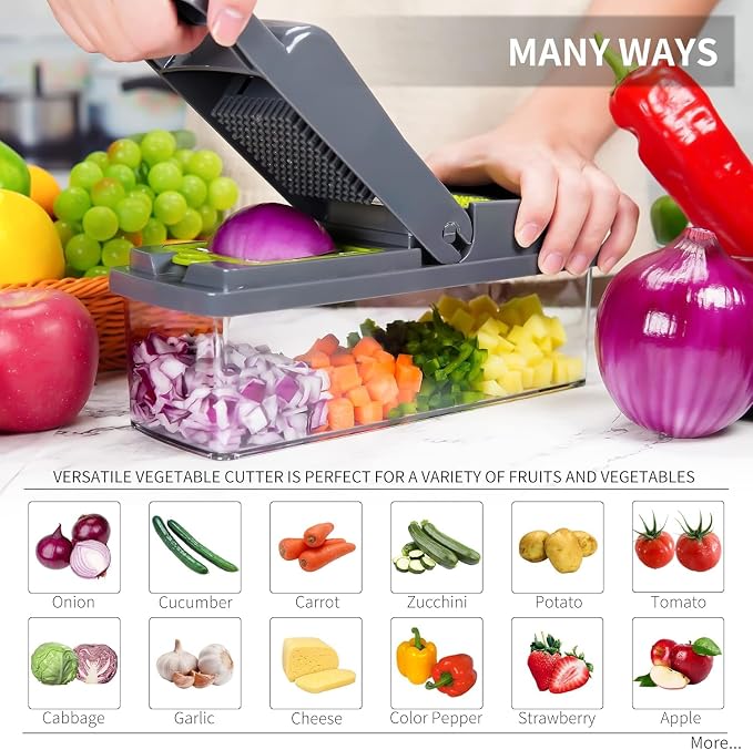 16 in 1 Vegetable Chopper and Food Chopper with Container, Onion Slicer Cutter Dicer, Veggie Cutter with 7 Blades for Carrot Salad Garlic Potato (Design 2)
