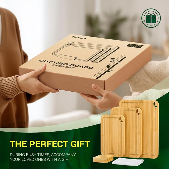 Bamboo Cutting Boards for Kitchen, Wooden Cutting Boards Set with Holder | Knife-Friendly Chopping Boards with Silicone Mat, Charcuterie Boards with Side Handles and Juice Grooves