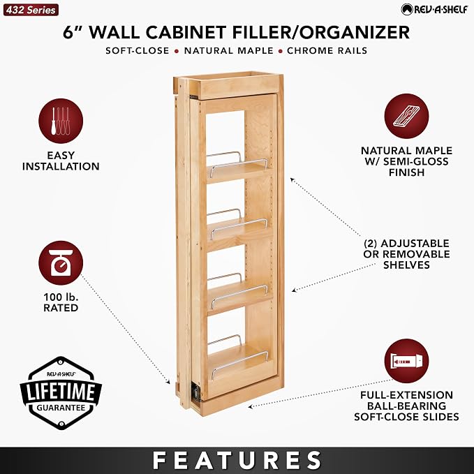 Rev-A-Shelf Kitchen Cabinet Pullout Wall Filler Wooden Organizer Slide Out Pantry Storage w/Soft-Close in Multiple Sizes, 6 x 36 in, 432-WFBBSC36-6C