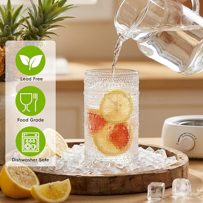 Moretoes Vintage Glassware, 12 Oz Hobnail Drinking Glasses Set of 6 | Clear Embossed Boho Water Glass Cups Kitchen Bar Tumbler for Whiskey, Beer, Juice, Milk and Various Mixed Drinks