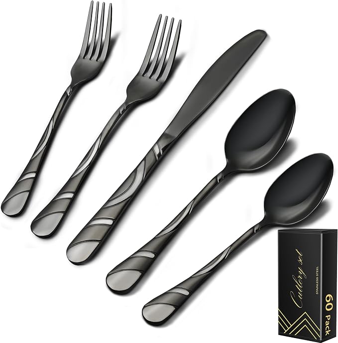 Black Silverware Set for 12, 60-Piece 18/0 Stainless Steel Utensils | Frosted & Mirror Finish Flatware Set, Unique Design Modern Cutlery for Wedding Restaurant Party Event Serving For 12