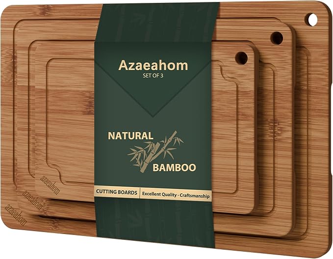 3-Piece Bamboo Cutting Board Set Serving Tray Juice GroovesHandles | Ideal for Meat Vegetables Fruit,Easy Storage & Quick Clean,Natural Wood Construction,Dual-Purpose as Serving Tray