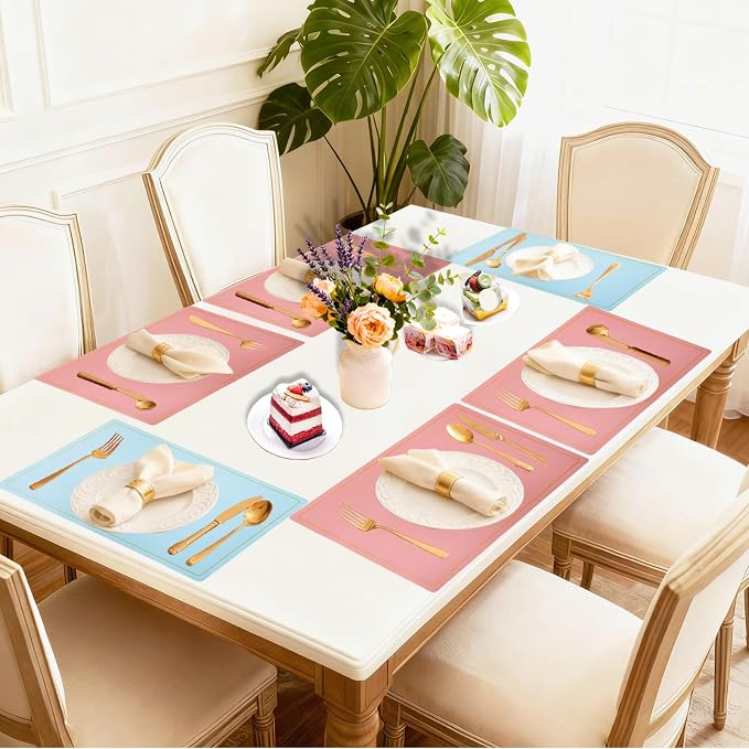 Faux Leather Placemats Set of 6, 11.8"x17.7", Pink & Blue | Reversible Table Mats, Waterproof, Stain & Heat Resistant, Easy Clean for Dining, Gatherings, Outdoor