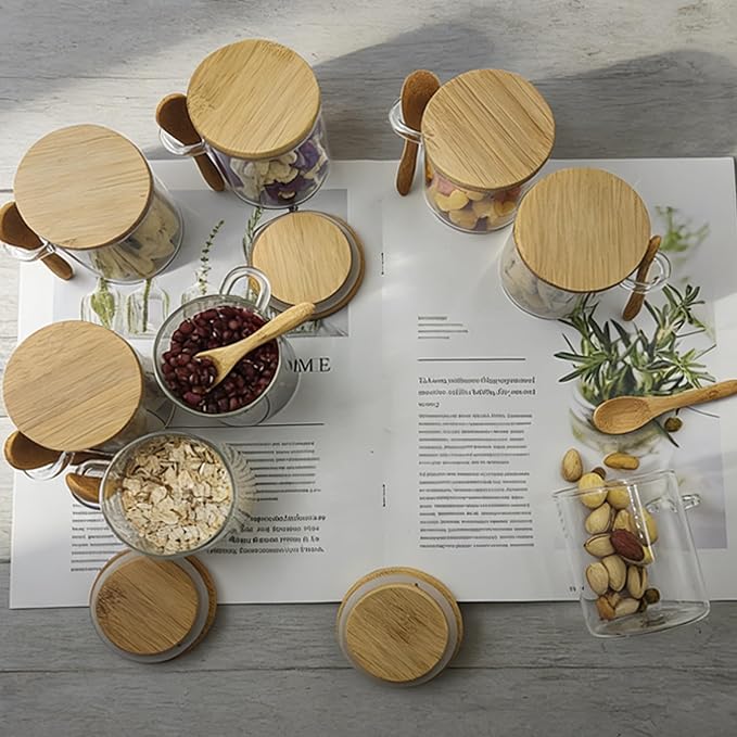 7.6 oz Airtight MiniGlass Jars Set of 8 with Bamboo Lids and Spoons | Spice Jars Small Food Storage Containers for Kitchen, Bathroom, Home Decor. One Can, One Bamboo Spoon, Reuse, Clean and Tidy