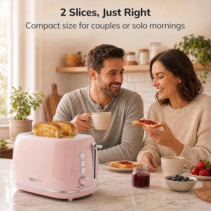 2 Slice Toaster Retro Stainless Steel with Bagel, Cancel, Defrost Function and 6 Bread Shade Settings Bread Toaster, Extra Wide Slot and Removable Crumb Tray (Pink)