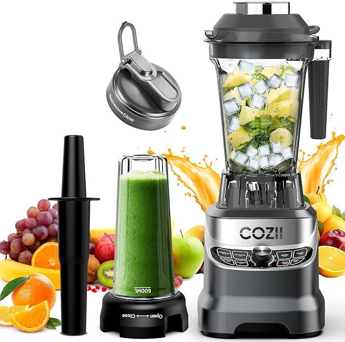 COZII Professional Blender 2000W, 64oz Countertop Smoothie Blender-21oz Cup | 7 Presets Blenders for Kitchen,Smoothies/Ice Crush/Frozen Drinks/Dips/Nut Butter|8 Speeds, Dishwasher Safe -Sky Grey
