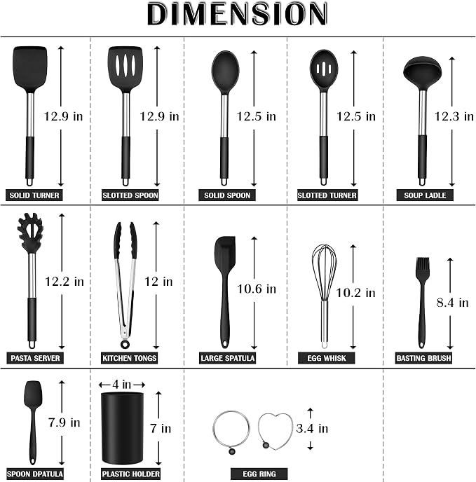 E-far Kitchen Utensils Set, 14-Piece Black Silicone Cooking Utensils Set | Heat Resistant, Kitchen Tools Spatulas with Stainless Steel Handle, Non-stick Cookware with Holder, Dishwasher safe