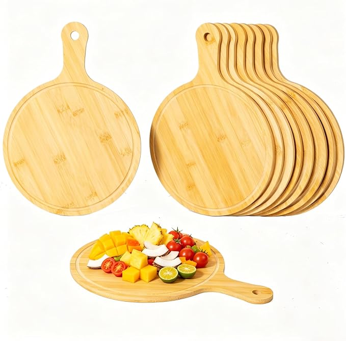 10pcs Round Wood Cutting Boards set with Handle, 10" Bamboo Laser Engraving Charcuterie Boards Bulk for Kitchen, Wooden Serving Tray for Pizza, Bread, Cheese, Charcuterie, Fruit, Vegetables