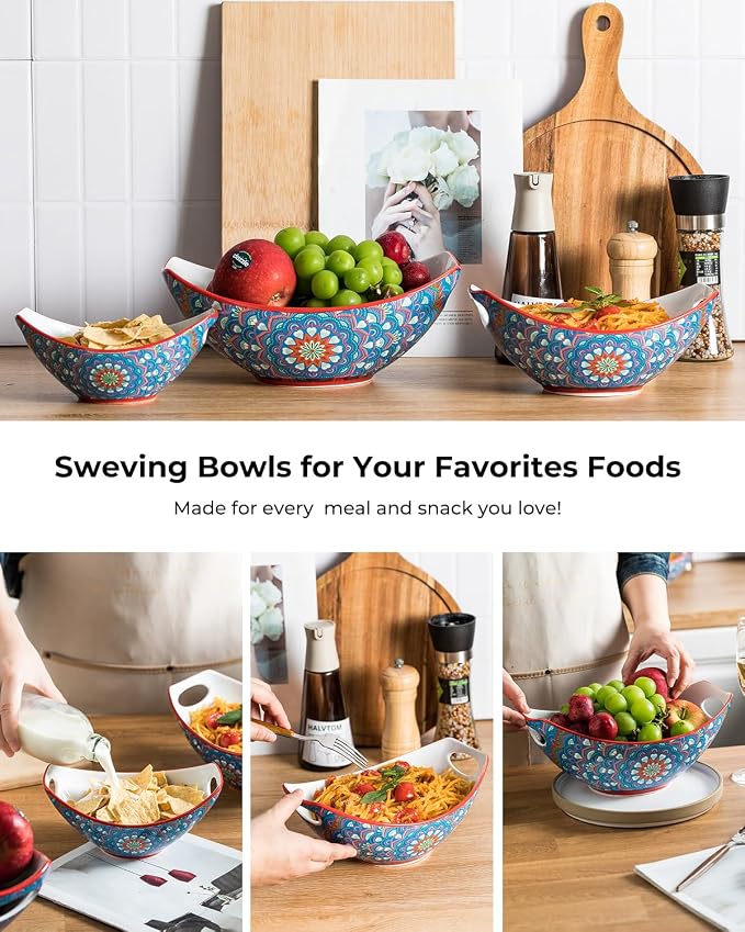 LAUCHUH Serving Dishes, Porcelain Bohemian Serving Bowls with Handles | Mixing Bowls Set Salad Bowls Nesting Bowls for Entertaining, Thanksgiving Party, Bowl Set of 3, 15/28/49 oz, Blue and Yellow