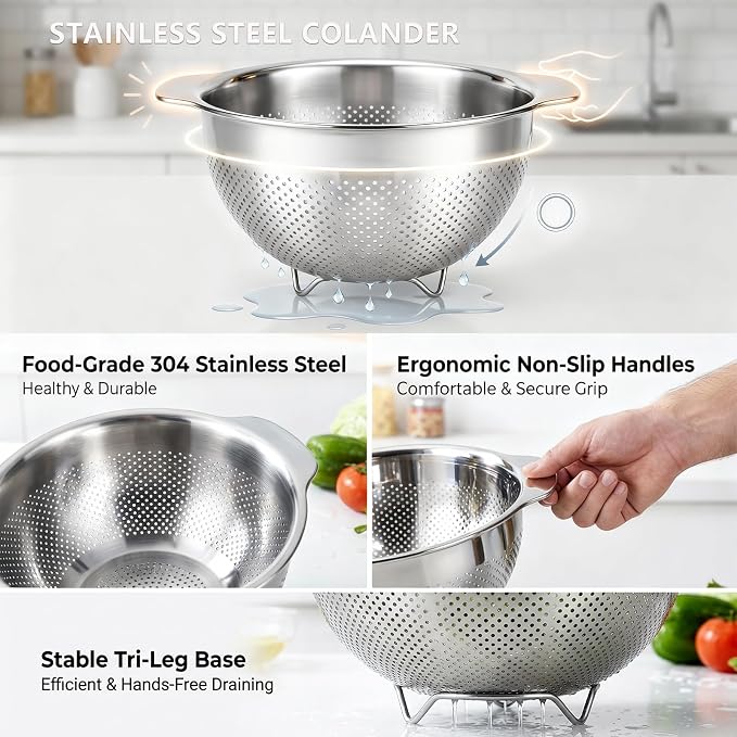 Stainless Steel Colander for Kitchen with Handle for Pasta (4QT) | Fine mesh. Dishwasher safe. Great for straining spaghetti, vegetables, fruit, noodles, eggs & rice