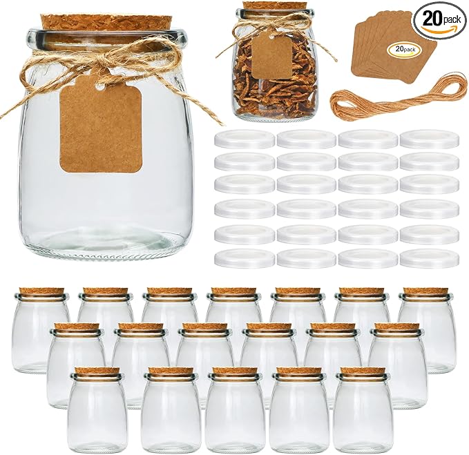 Mini Yogurt Jars 20 Pack, 7 oz Glass Favor Jars with Cork Lids | Pudding Glass Jars with Lids, Party Favors, Potion Bottles with Label Tags and String,Small Glass Jars with Lids for Home