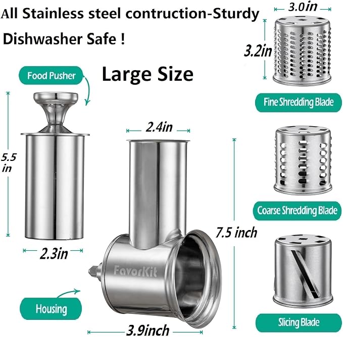 FavorKit Chesse Grater Slicer Shredder Attachment for Kitchenaid Mixers | 100% Stainless Steel Salad Maker Accessory, 60mm Large Feed Chute, EasyClean Dishwasher Safe,Save Time-2LB potato only 1min.