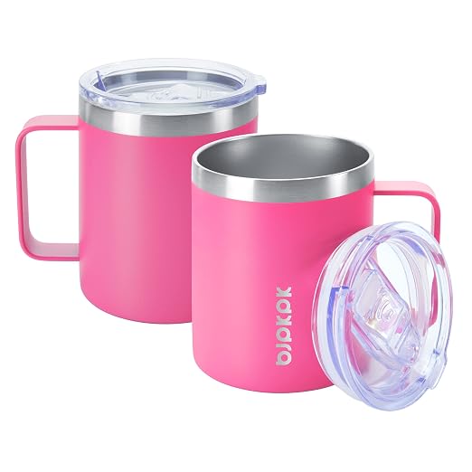 BJPKPK 2PCS Insulated Coffee Mug with Lid, 14oz Stainless Steel Tumbler | Travel Coffee Mug with Handle, Vacuum Insulated Tumbler Cup for Camping, Office, Home, BPA Free Lid, Hot & Cold