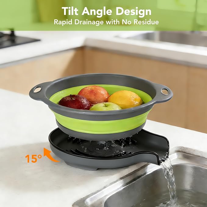 Collapsible Colander Set of 3 with Kitchen Counter Self-draining Base, Round Silicone Food Foldable Strainer for Cooking Pasta, Vegetables and Fruit (3QT, 4QT and 5QT)