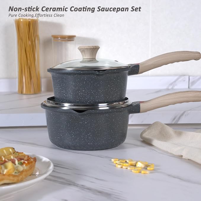 Ceramic Nonstick Saucepan Set 2QT and 4QT, Cast Aluminum Cooking Pots with Side Pour Spouts,Compatible with All Cooktops,Dishwasher Safe